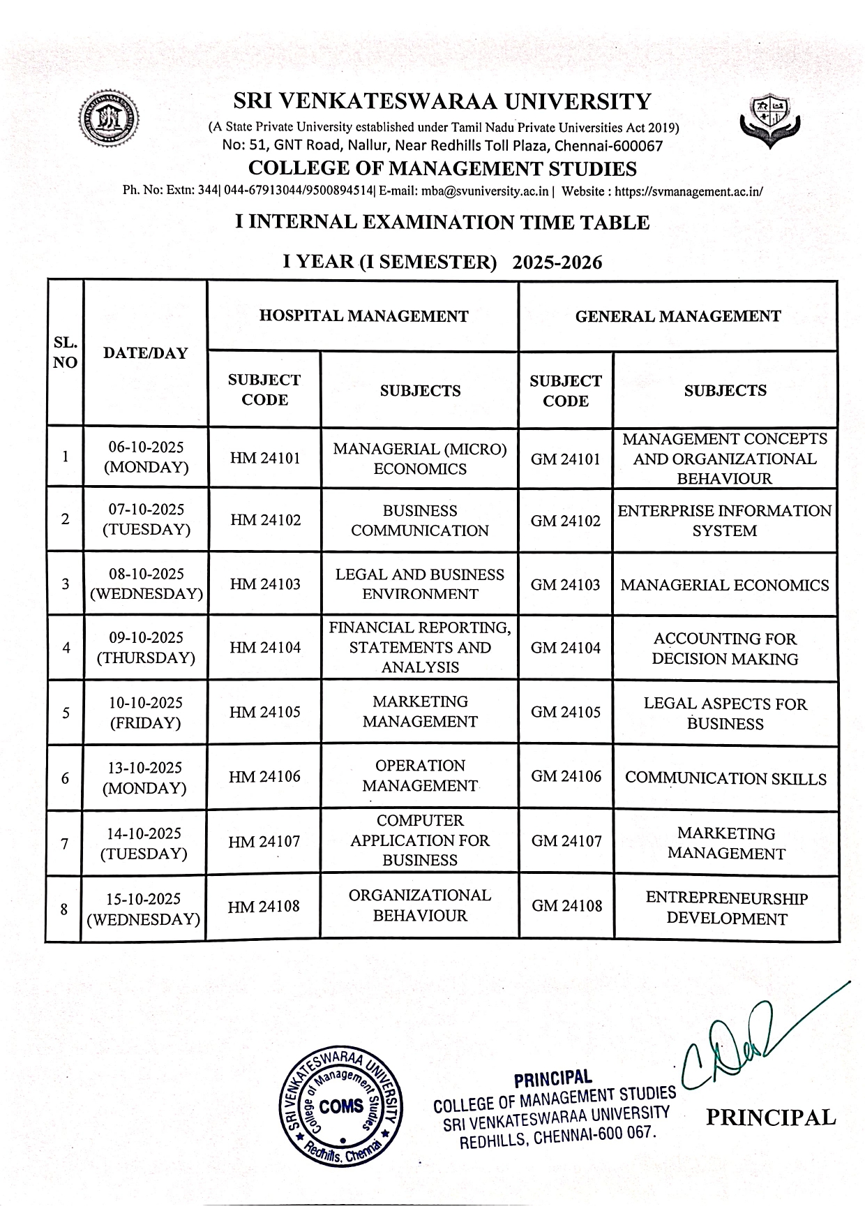 First Year Timetable