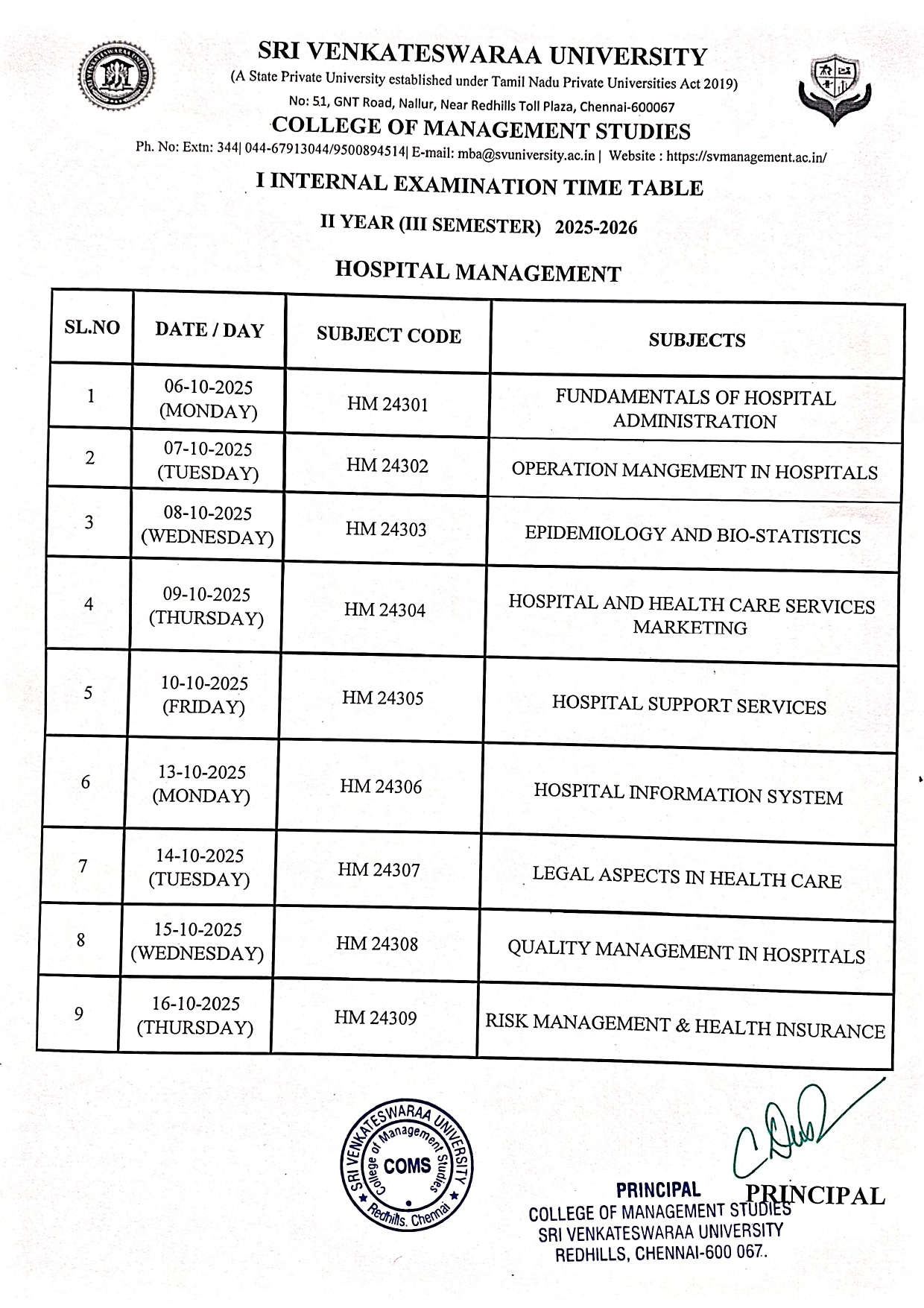 Second Year Timetable