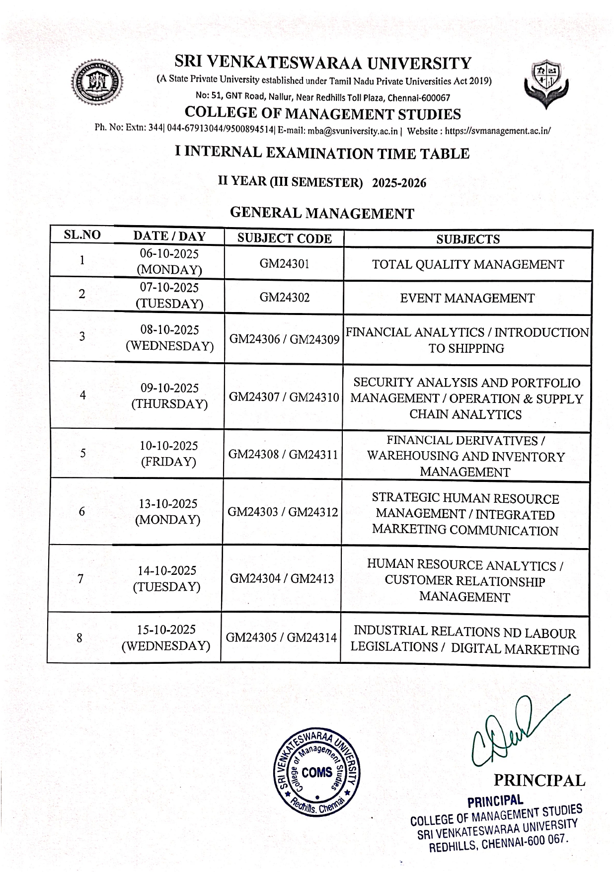 Third Year Timetable